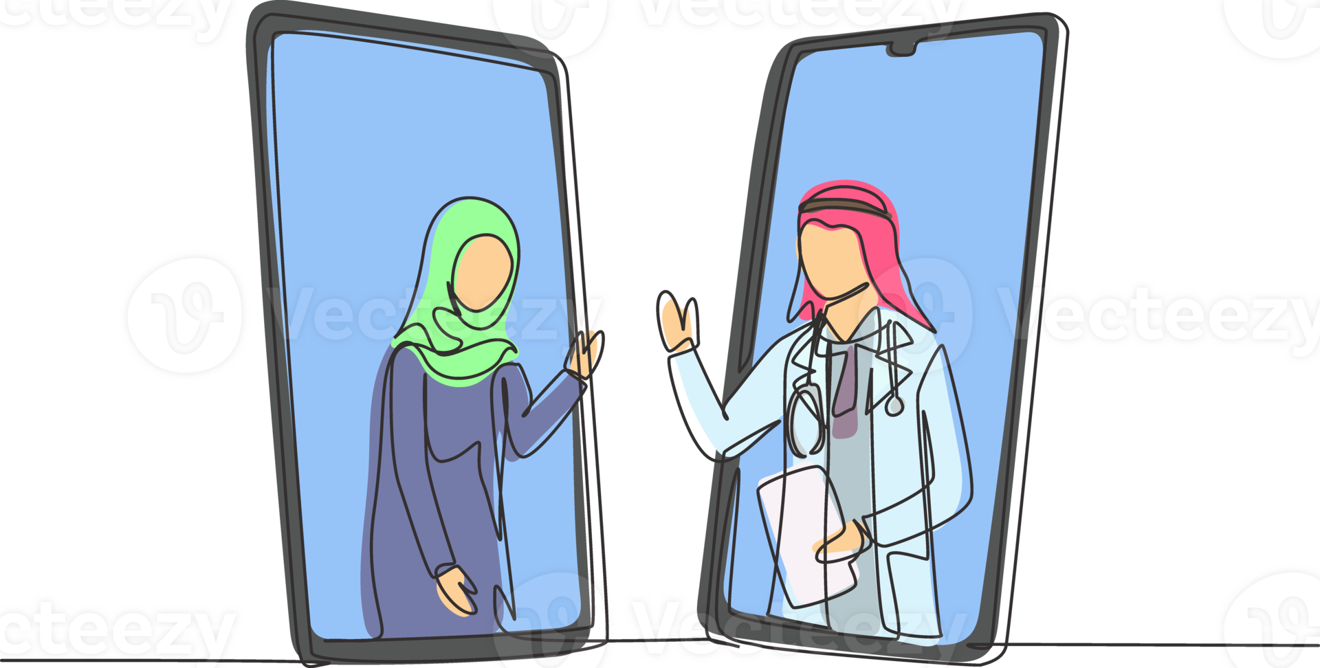 Continuous one line drawing two smartphones face to face and contain hijab female patient and Arab male doctor with their bodies as if coming out of smartphone. Single line draw design graphic png
