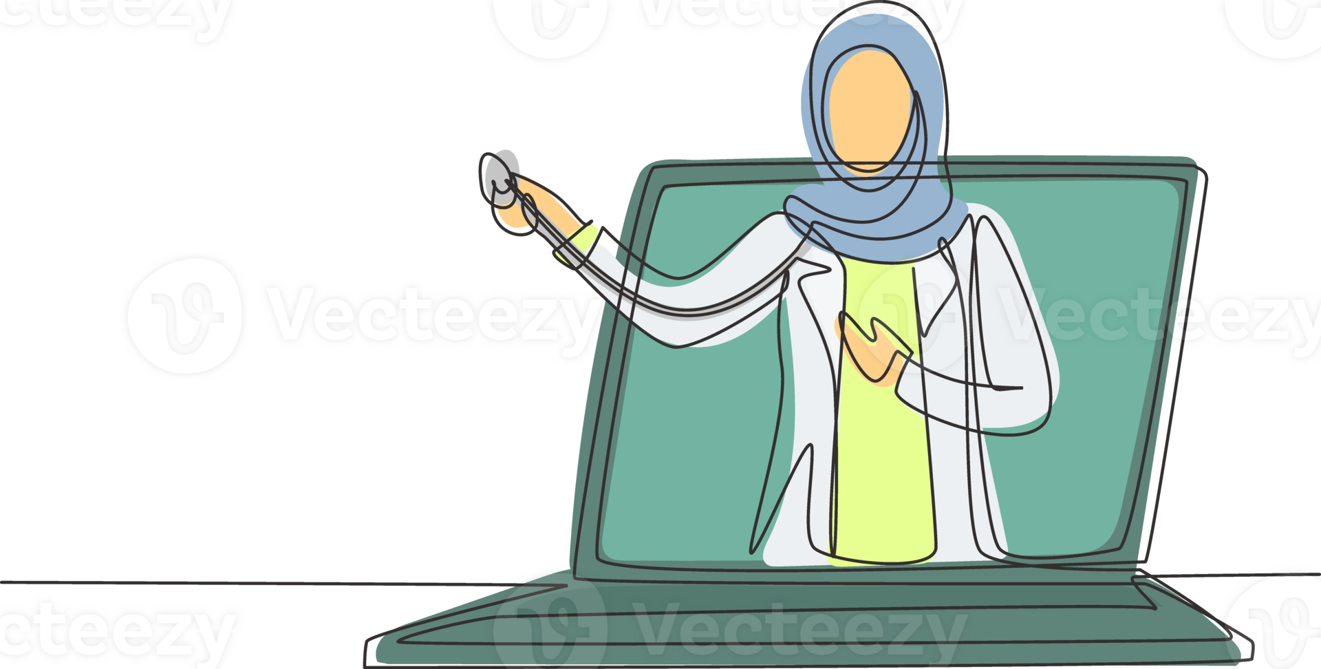 Continuous one line drawing hijab female doctor comes out of laptop screen holding stethoscope. Online medical services, medical consultation. Single line draw design graphic illustration png