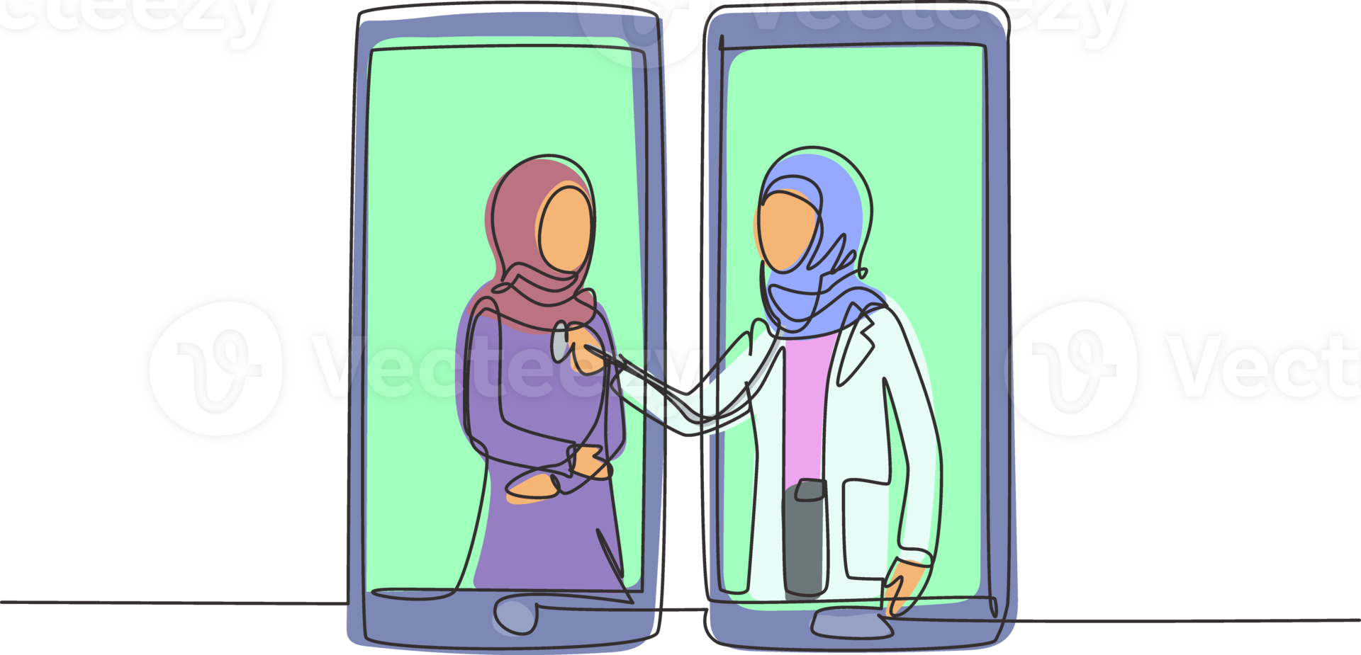Single continuous line drawing two smartphones facing each other with hijab female doctor checking heart rate of female patient using stethoscope. One line draw graphic design illustration png