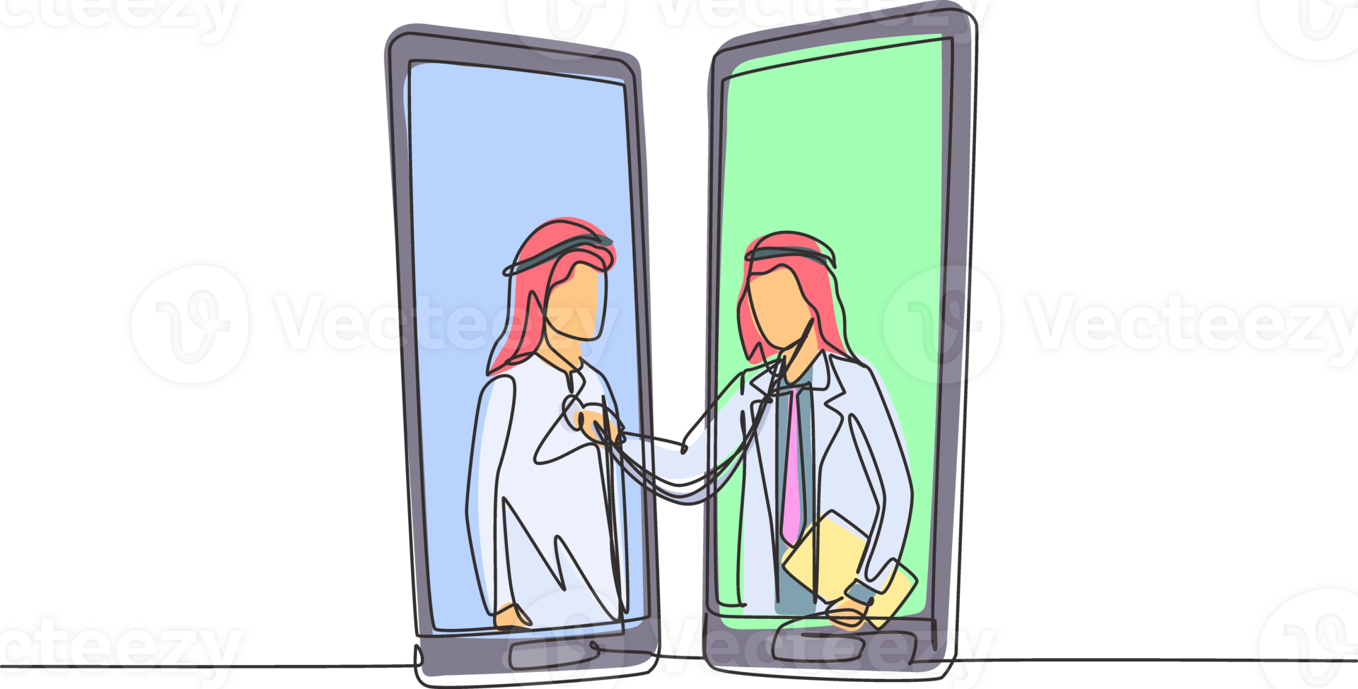 Single one line drawing two smartphones facing each other with Arabian male doctor checking heart rate of male patient using stethoscope. Modern continuous line draw design graphic illustration png