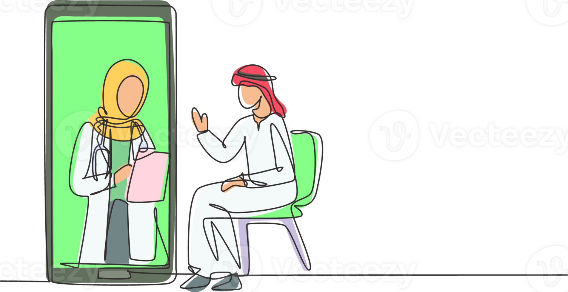 Single one line drawing hijab female doctor holding clipboard checking condition of Arabian male patient sitting on chair. Online consultation. Continuous line draw design graphic illustration png