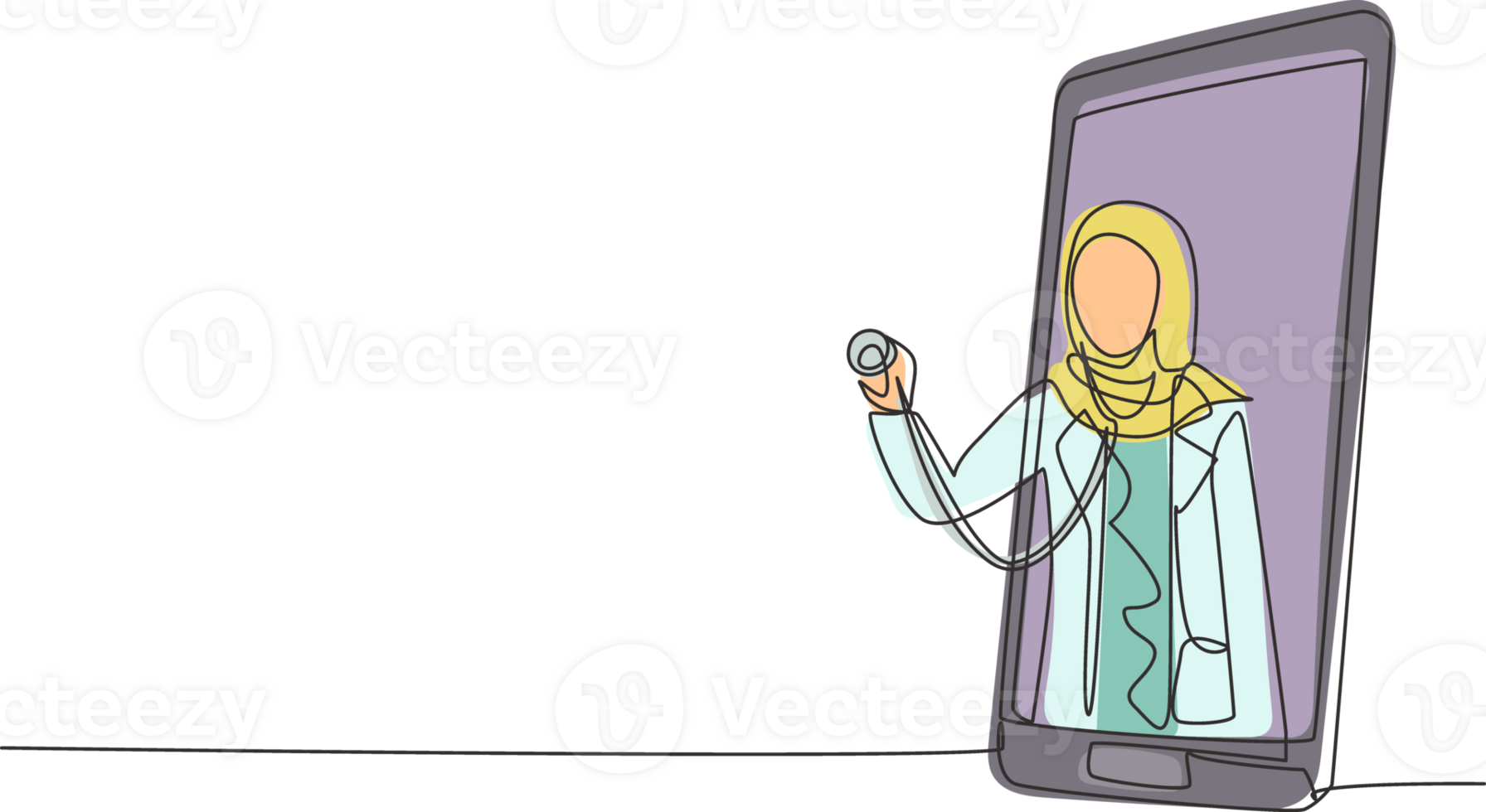 Single one line drawing hijab female doctor comes out of smartphone screen holding stethoscope. Online medical services, medical consultation. Continuous line draw design graphic illustration png