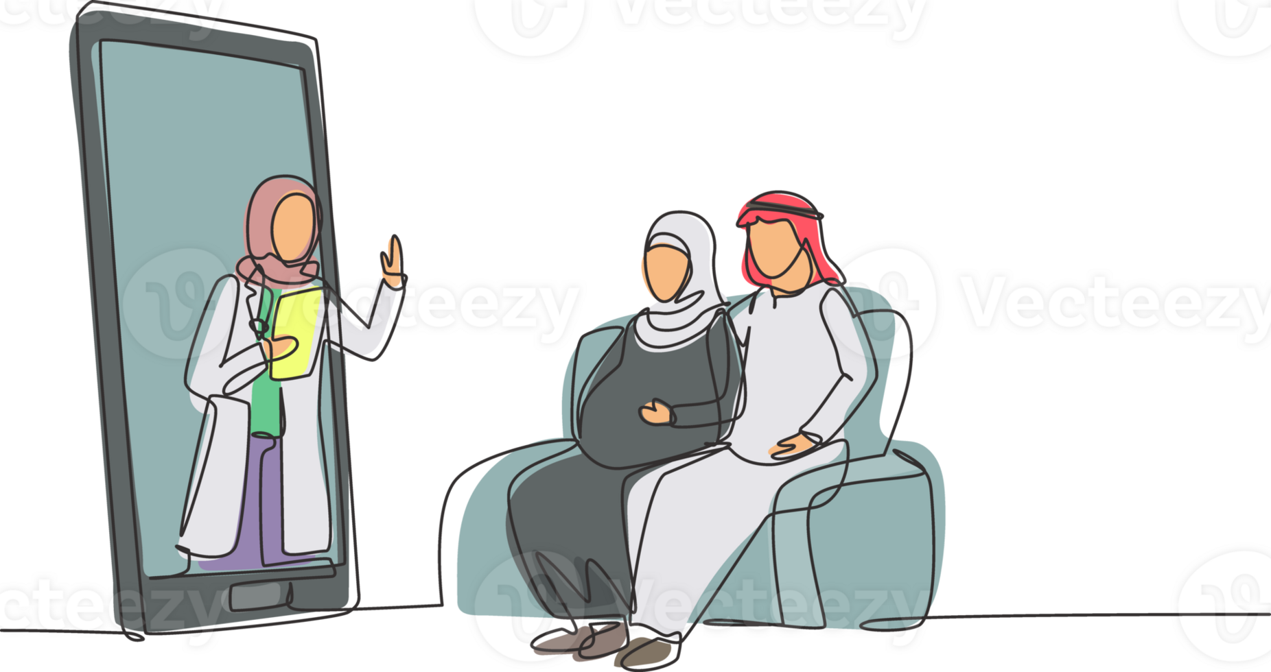 Continuous one line drawing hijab female doctor comes out from smartphone screen facing patient and gives consultation to patient young couple with pregnant wife. Single line design graphic png