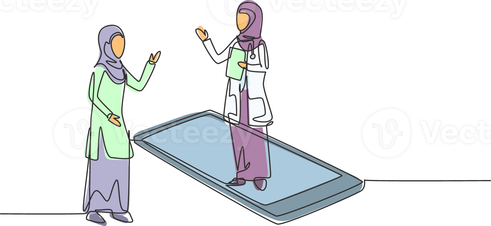 Single one line drawing hijab female doctor standing on smartphone, in front of her standing female patient. Online medical services. Modern continuous line draw design graphic illustration png