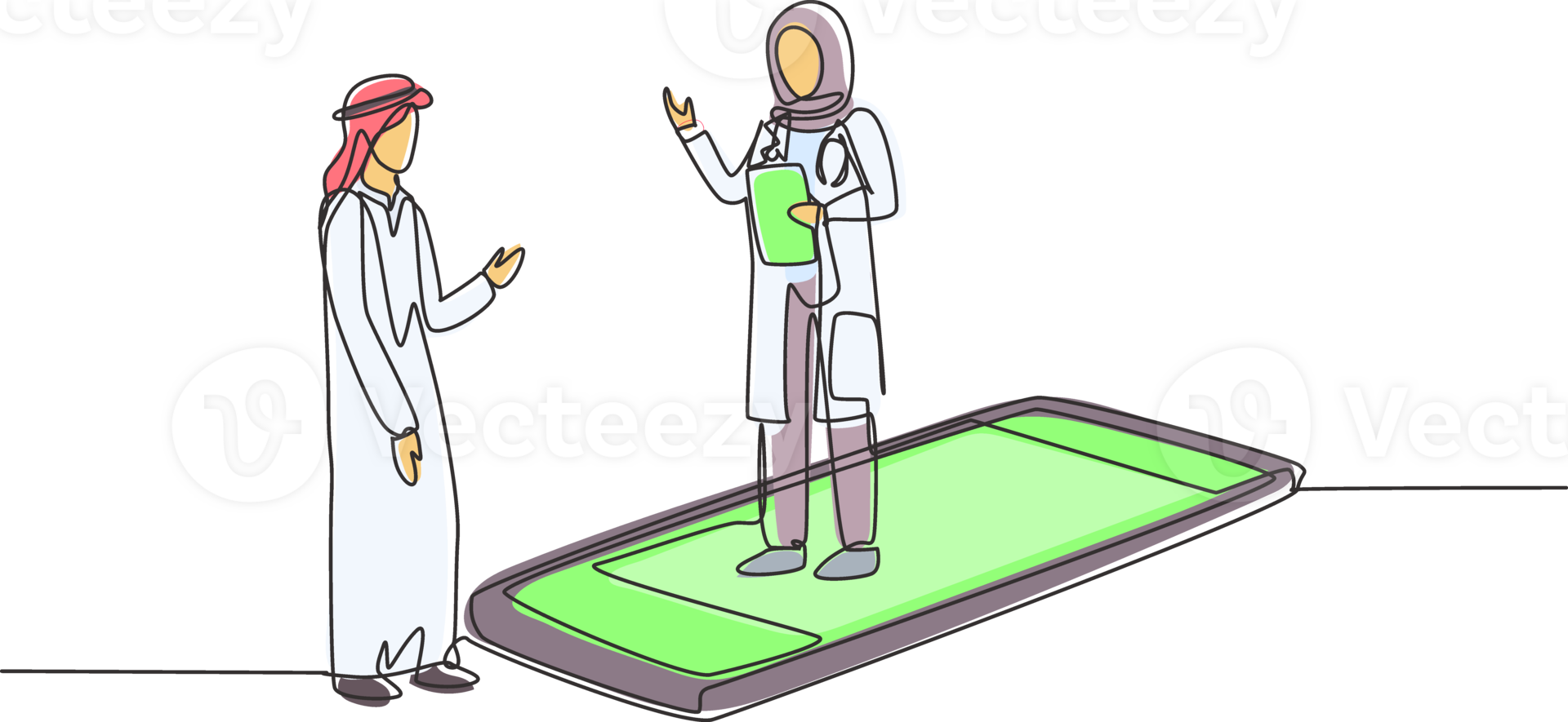 Single one line drawing hijab female doctor standing on smartphone, in front of her standing Arab male patient. Online medical services. Modern continuous line draw design graphic illustration png