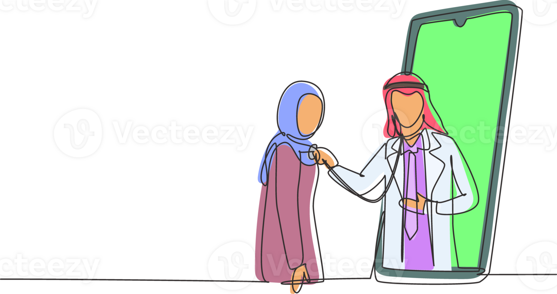 Single continuous line drawing Arabian male doctor comes out of smartphone screen and checks female patient's heart rate using a stethoscope. Dynamic one line draw graphic design illustration png