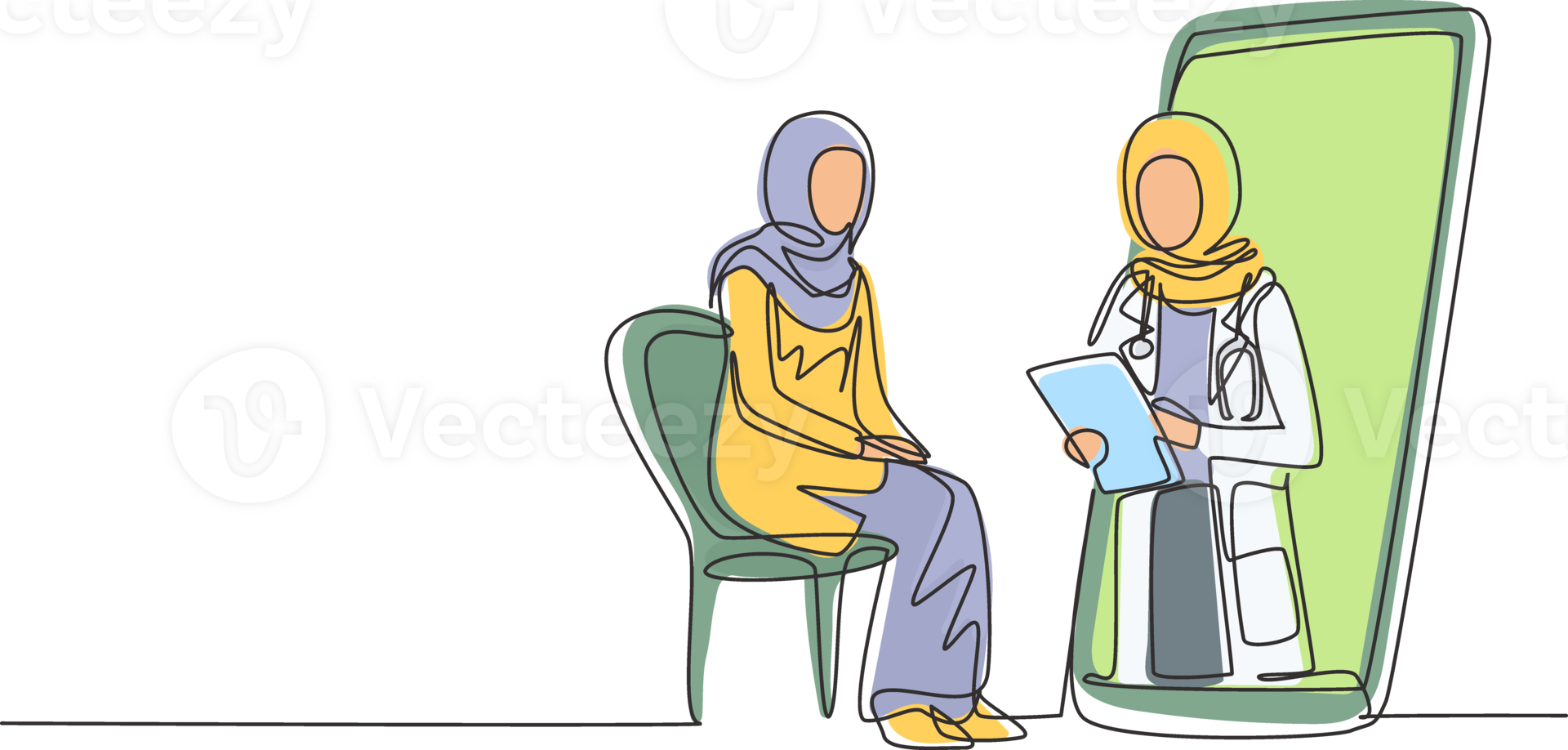 Continuous one line drawing hijab female doctor holding clipboard checking condition of Arab female patient sitting on chair. Online consultation. Single line draw design graphic illustration png
