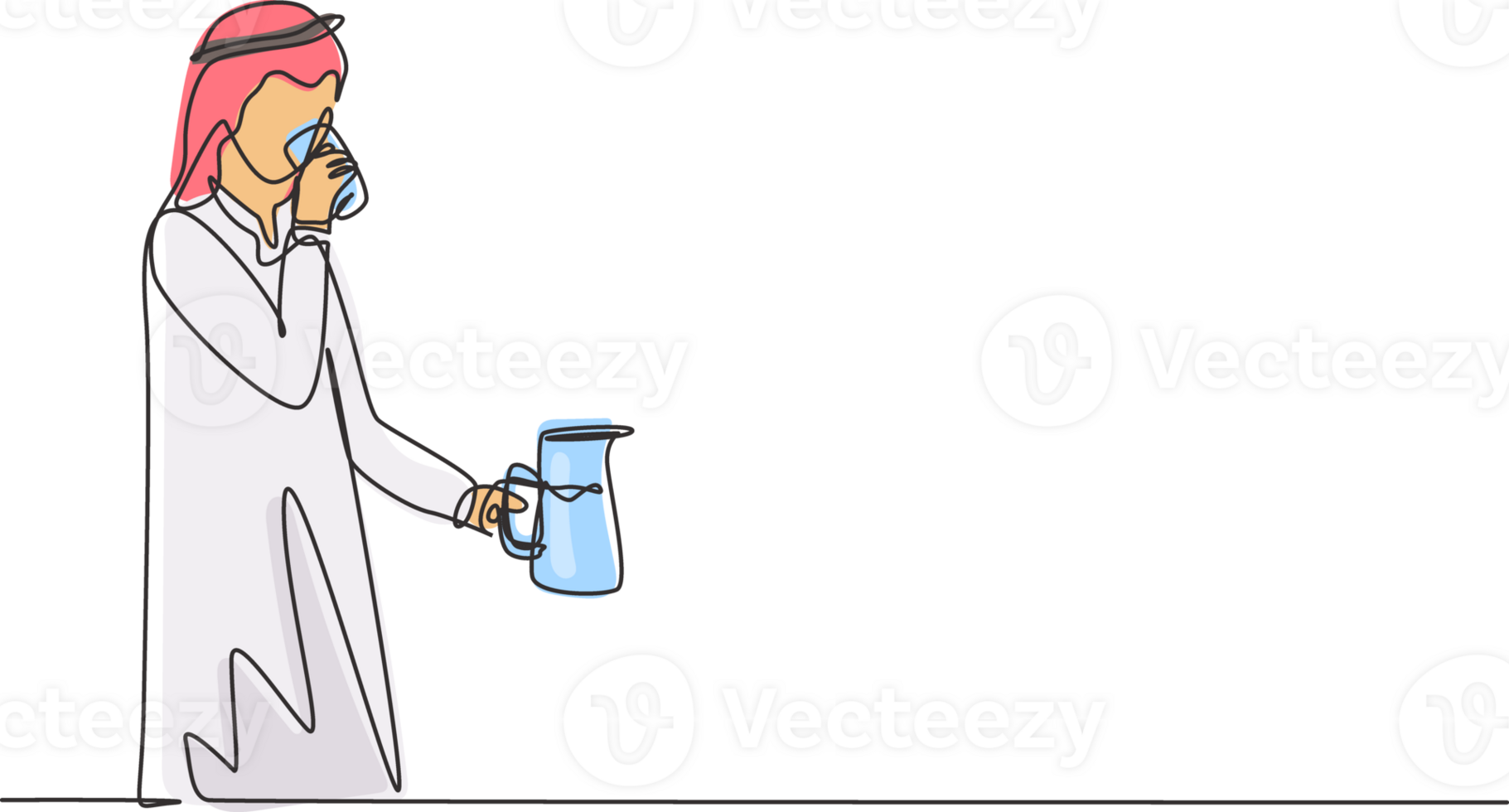 Single one line drawing Arabic man drinking holding glass in right hand and jug in left hand to quench thirst after activity. Enjoy life. Modern continuous line draw design graphic illustration png