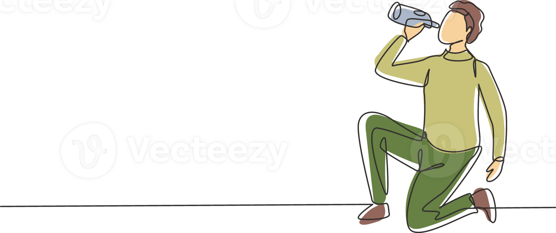 Single continuous line drawing young Arab man drinking water in bottle while squatting after running. Morning exercise causes thirst and dehydration. One line draw graphic design illustration png