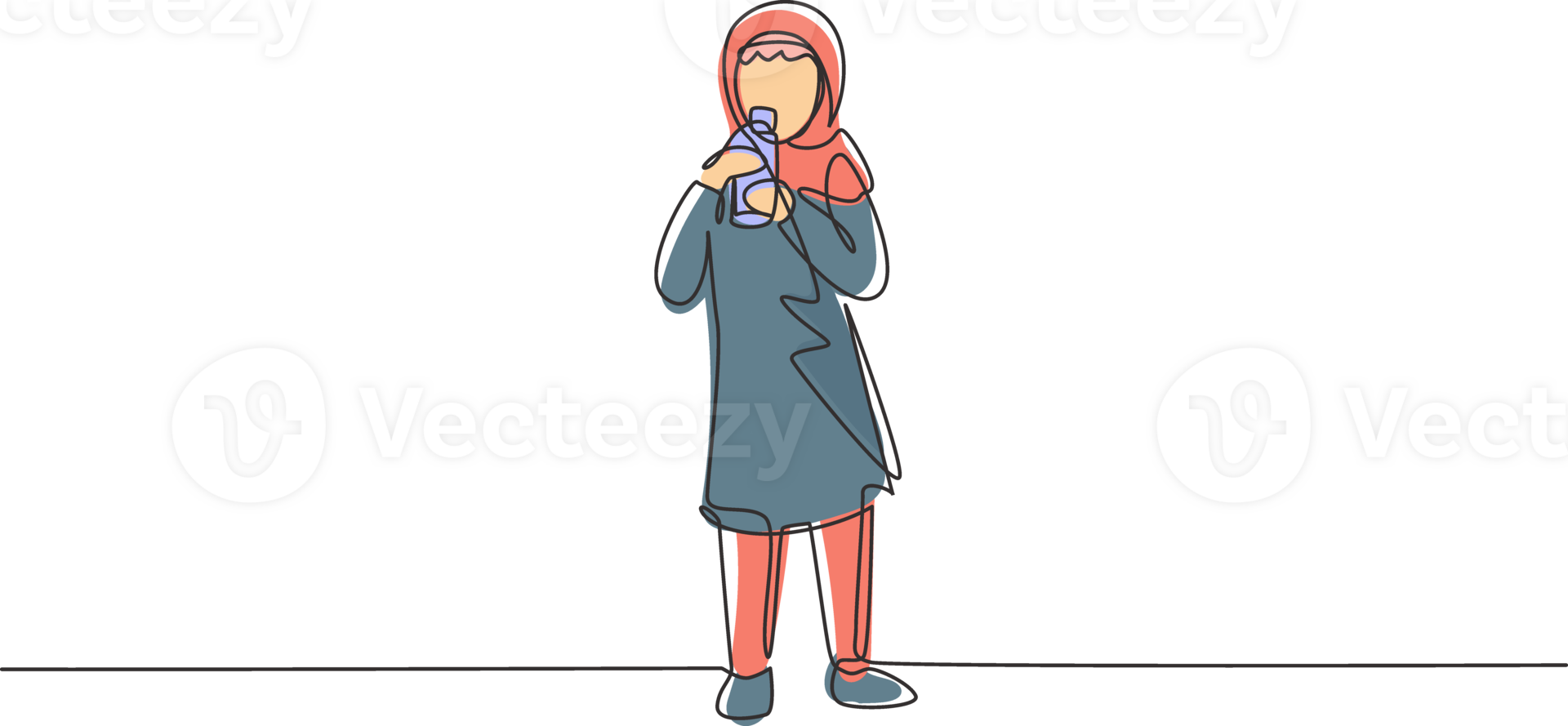 Single continuous line drawing Arabian girl standing while drinking a glass of milk to fulfill body's nutrition. Healthy lifestyles concept for kids. One line draw graphic design illustration png