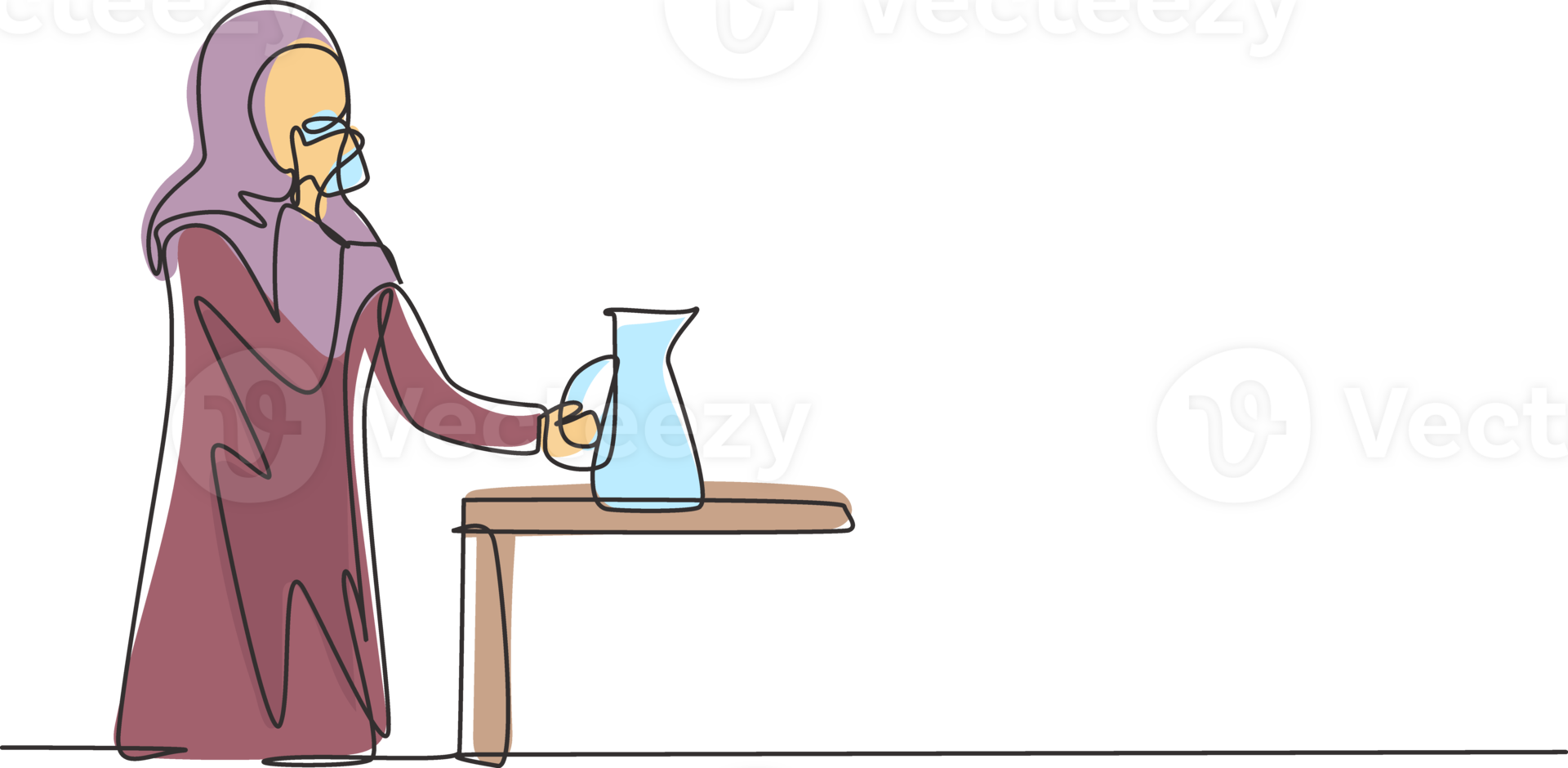 Single kontinuierlich Linie Zeichnung jung arabisch Frau Stehen und Trinken Wasser im Glas von Krug. nehmen ein brechen während Reinigung Haus. glücklich Person. dynamisch einer Linie zeichnen Grafik Design Illustration png