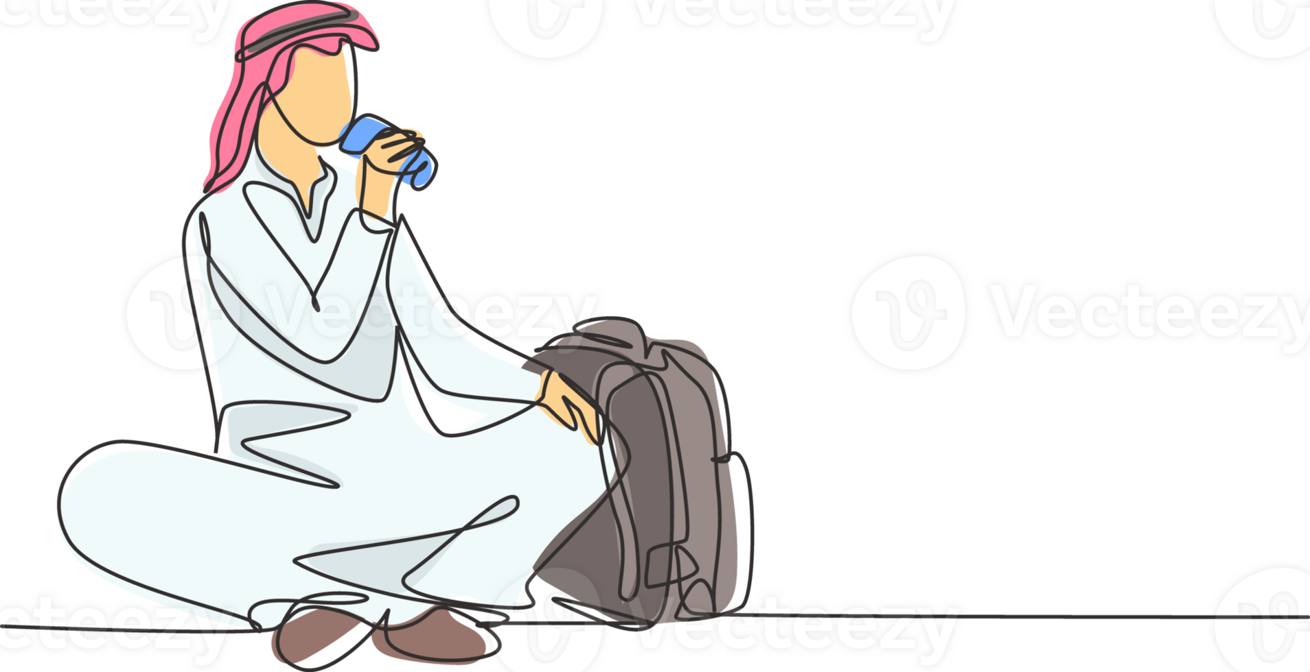 Single one line drawing young Arabian man sitting while enjoying soft drink to refreshing and relaxing body. Attractive teenager concept. Modern continuous line draw design graphic illustration png