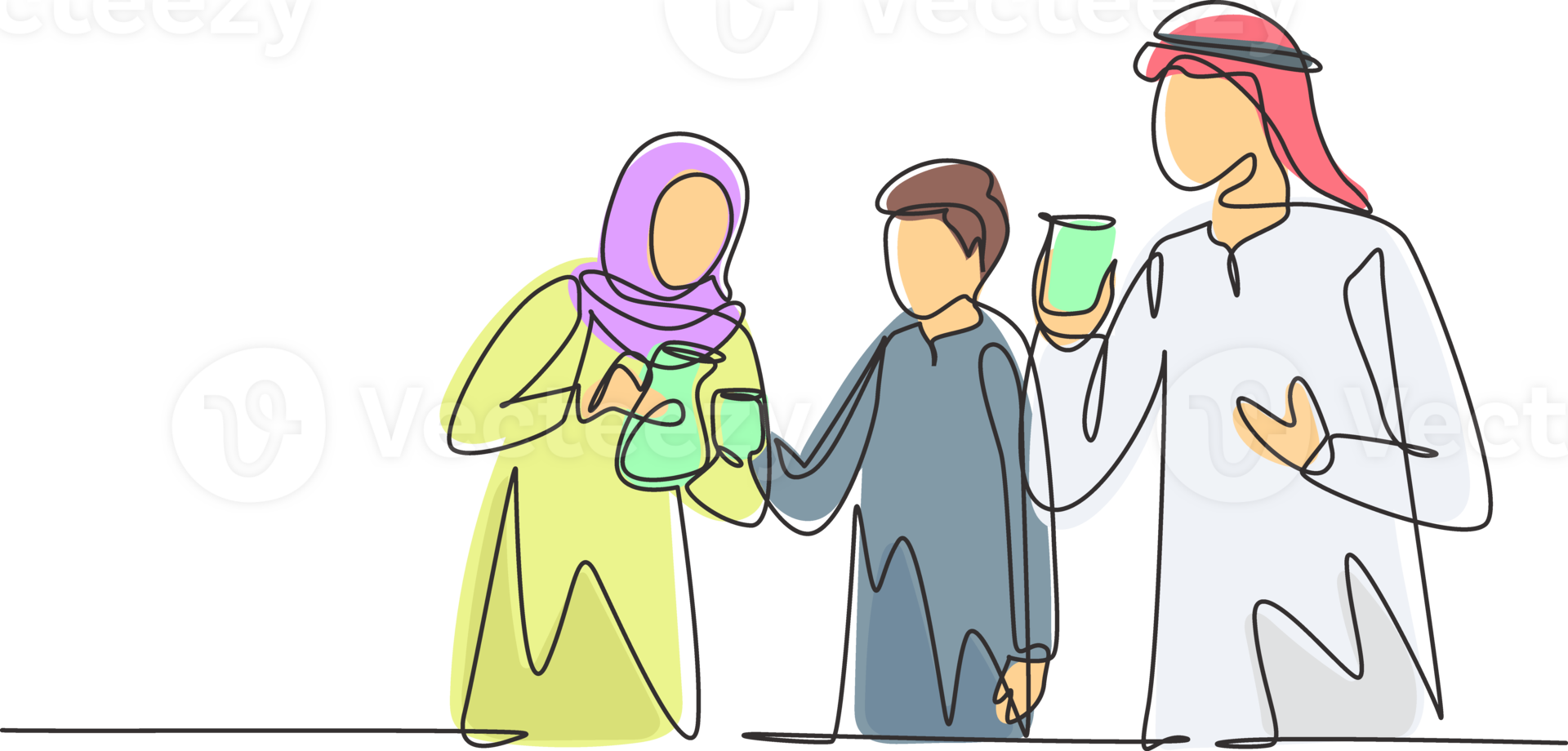 Single continuous line drawing young Arab family celebrate togetherness and holiday by drinking hot tea. Relaxing and refresh moment in life. Dynamic one line draw graphic design illustration png