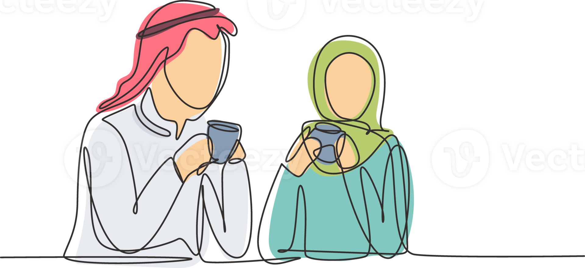 Continuous one line drawing romantic Arabian couple sitting enjoying a cup of coffee to enjoy the morning. Happy family and success life concept. Single line draw design graphic illustration png