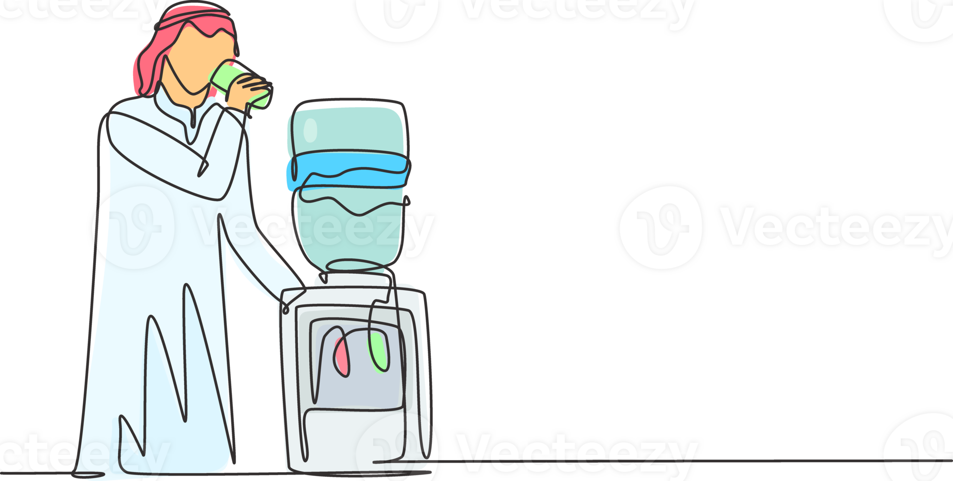 Single continuous line drawing young Arabian man drinking fresh water in glass while standing next to water dispenser filled with gallons of water. One line draw graphic design illustration png