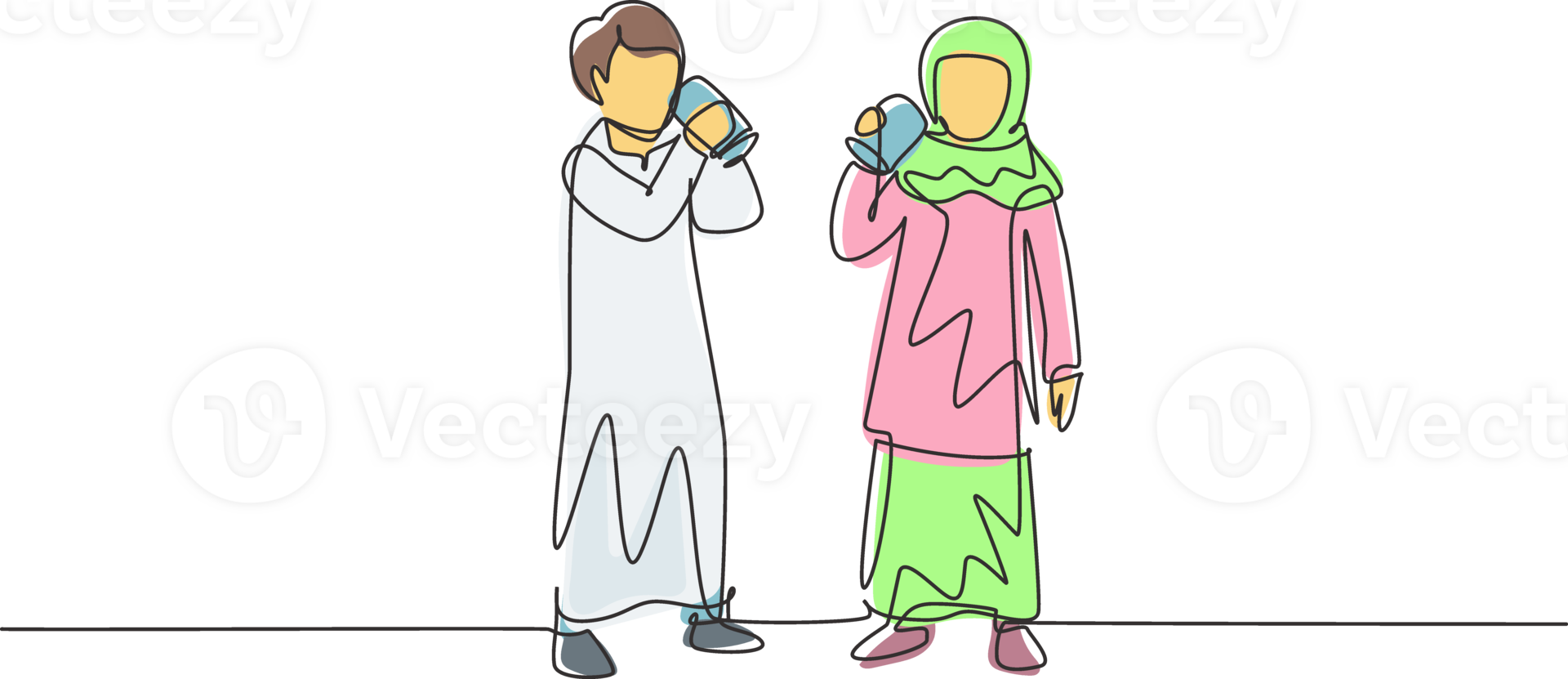 Single continuous line drawing pair of Arabian boys and girls standing while enjoying glass of fresh milk for growth and fulfillment of body nutrition. One line draw graphic design illustration png