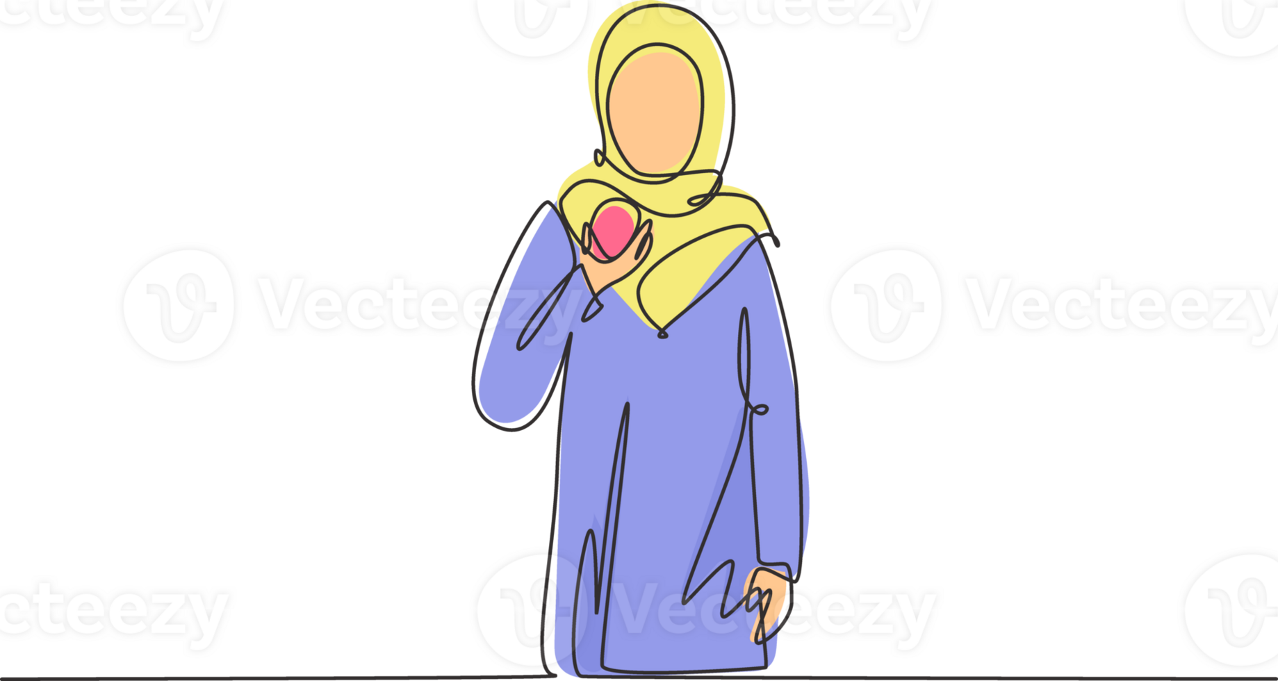 Single one line drawing Arabian female having bakery meal with hand. Happy and enjoy lunch snack at office. Delicious and healthy food. Modern continuous line draw design graphic illustration png