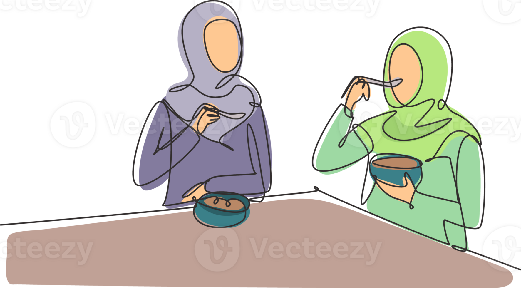 Single continuous line drawing Arabian mom and daughter having cereal meal together around table. Enjoy breakfast at home. Tasty and healthy food. One line draw graphic design illustration png