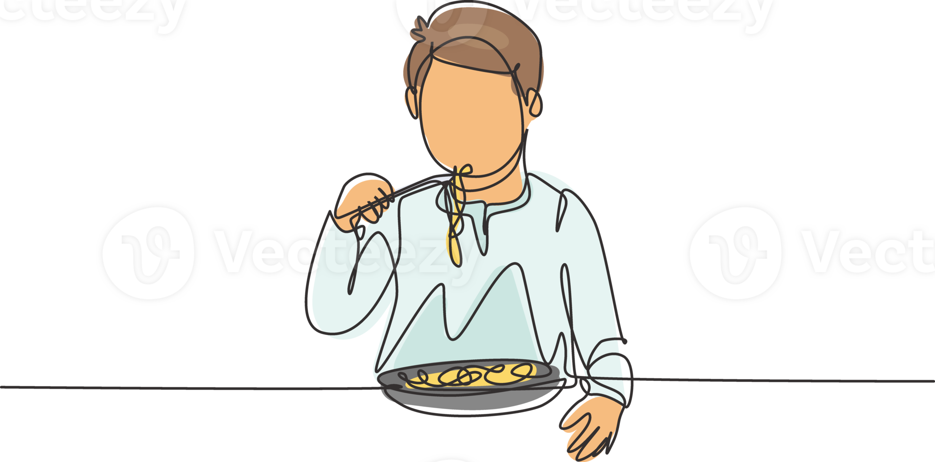 Single one line drawing young Arab boy having spaghetti meal with chopsticks around table. Enjoy lunch when hungry. Delicious and healthy food. Continuous line draw design graphic illustration png