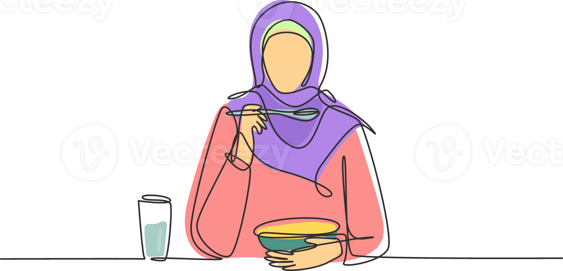 Continuous one line drawing young Arabian woman having cereal meal with milk and spoon. Enjoy breakfast at home. Delicious and healthy food concept. Single line draw design graphic illustration png
