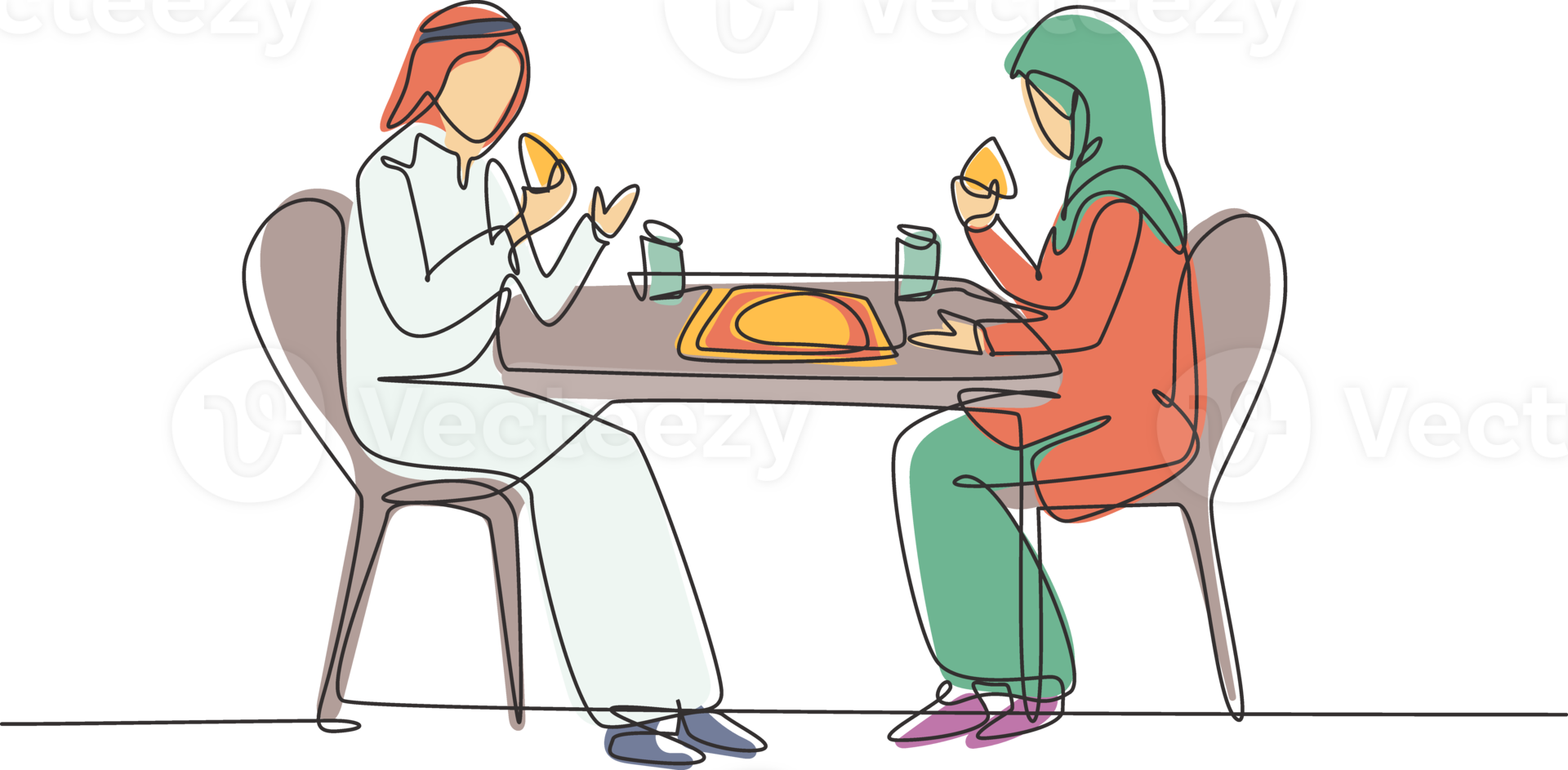 Single one line drawing young Arabian couple husband and wife having cake meal around table. Celebrate wedding anniversary with romantic dinner. Continuous line draw design graphic illustration png