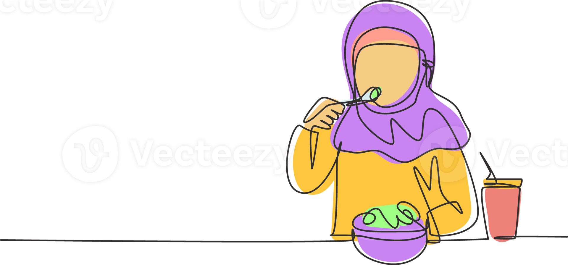 Continuous one line drawing Arabian girl having salad meal with fork around table. Happy and enjoy breakfast in morning. Delicious and healthy food. Single line draw design graphic illustration png