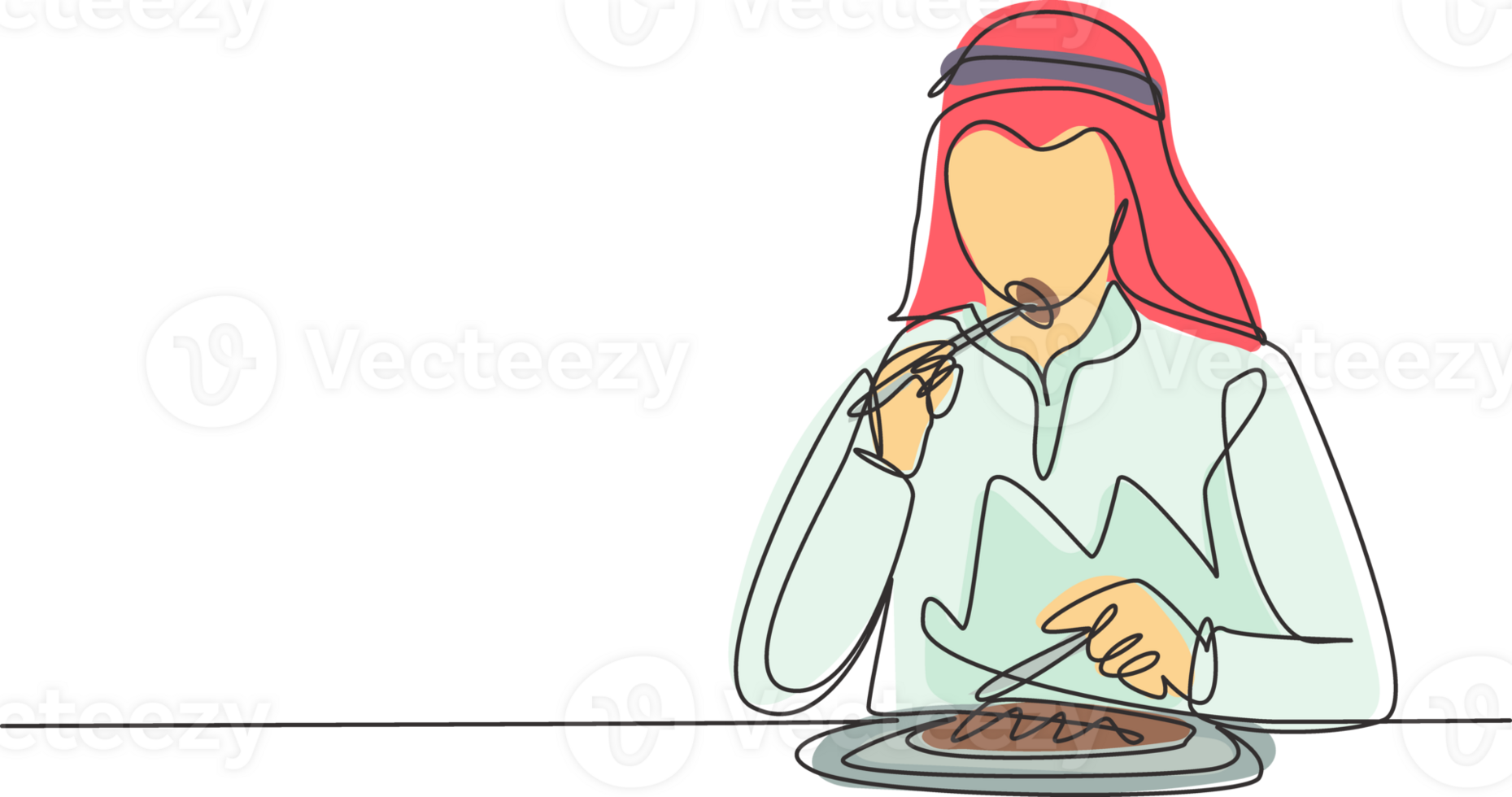 Continuous one line drawing young Arabian man having steaks meal with fork and knife around table. Enjoy lunch at restaurant. Delicious tasty food. Single line draw design graphic illustration png