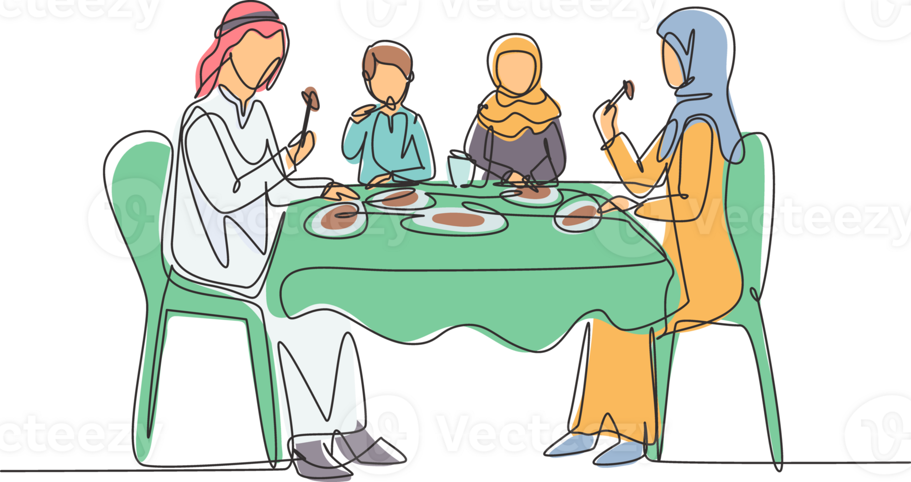 Continuous one line drawing Arabian family eating meal around kitchen table. Happy daddy, mom and two kids sitting eating healthy lunch in home. Single line draw design graphic illustration png