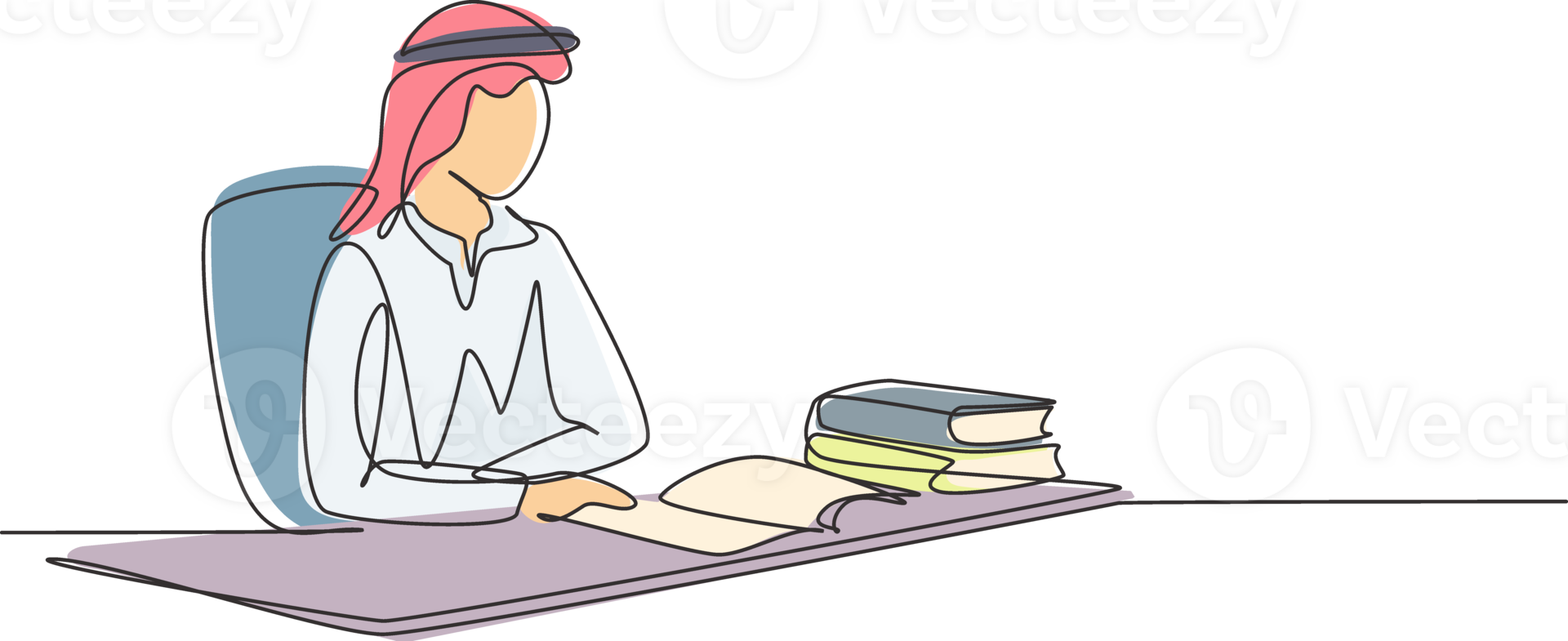 Continuous one line drawing young Arab male reading, learning and sitting on chair around table. Study in library. Smart student, education concept. Single line draw design graphic illustration png