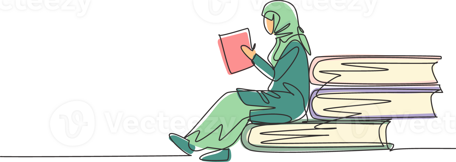Continuous one line drawing young Arabian female reading, learning and sitting on big books. Study at home. Smart student, education concept, fair. Single line draw design graphic illustration png