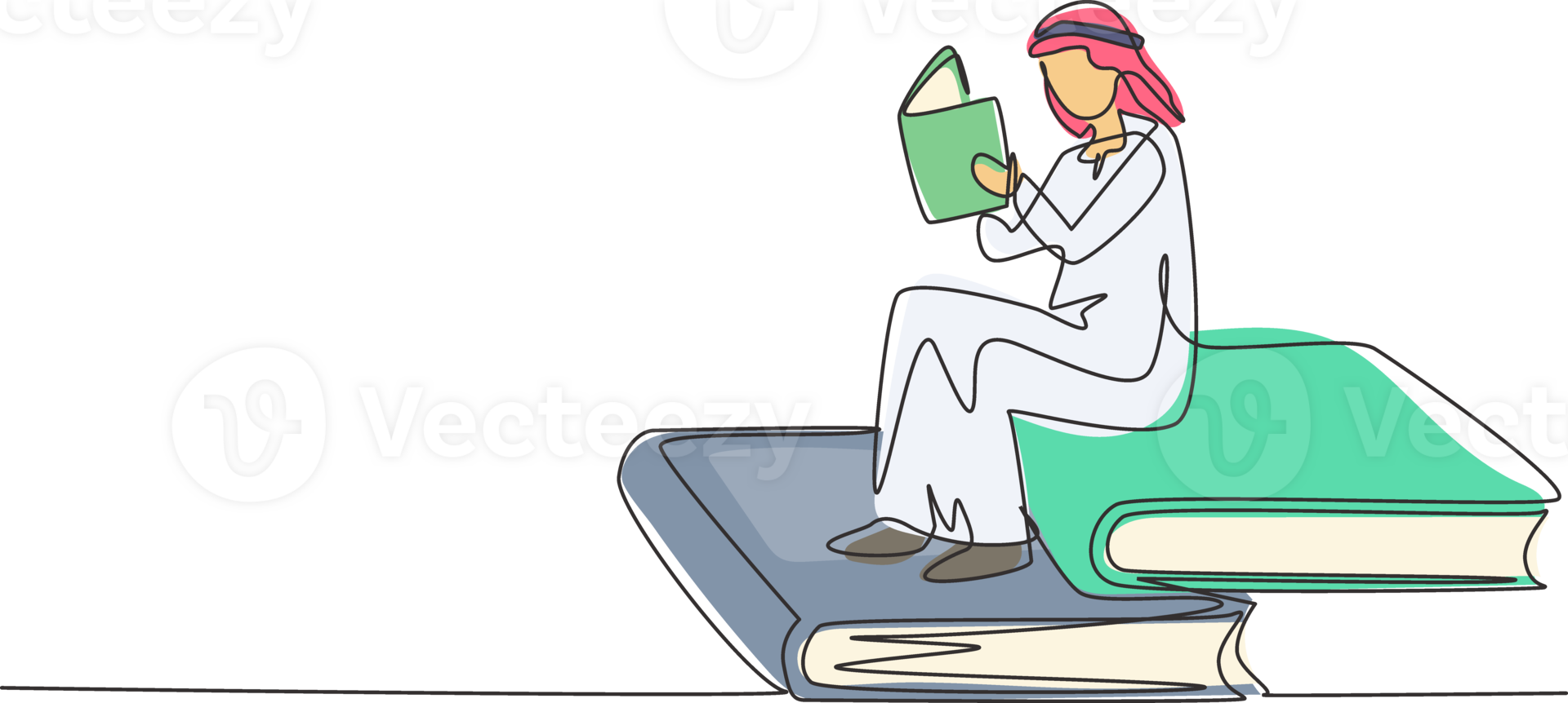 Single one line drawing young Arab student male reading, learning and sitting on big books. Study in library. Literature fans or lovers. Modern continuous line draw design graphic illustration png
