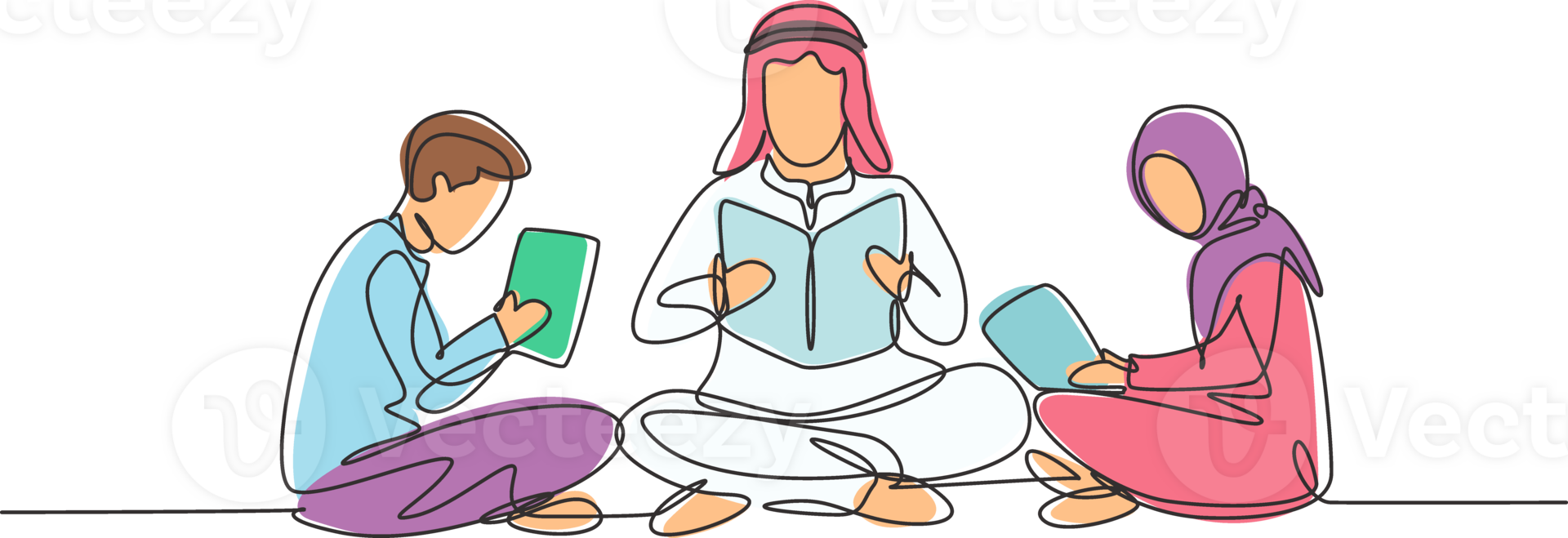 Single continuous line drawing Arabian male teacher and two students boy and girl reading, learning and sitting together. Study in library. Dynamic one line draw graphic design illustration png