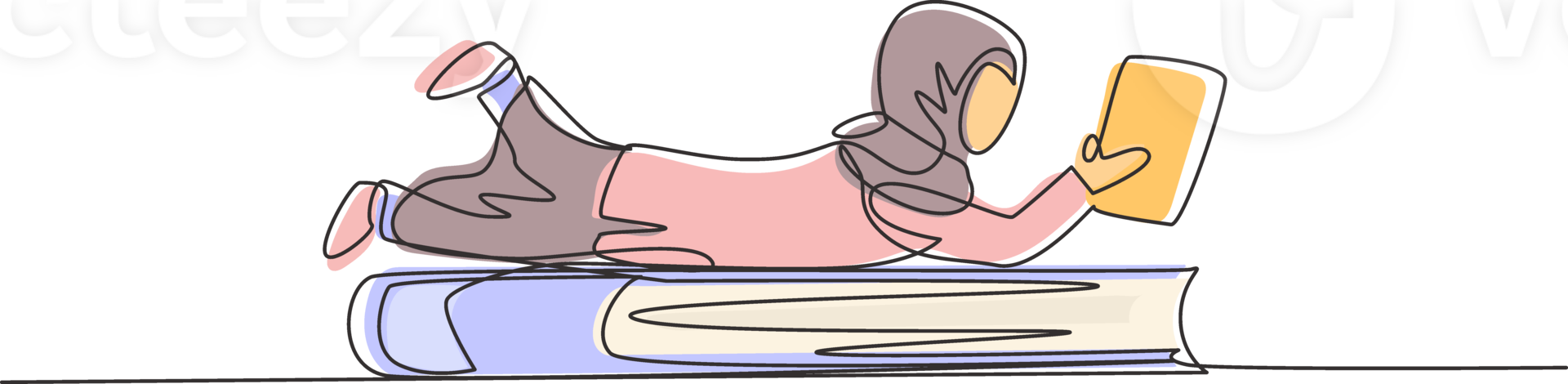 Single one line drawing Arab little girl reading, learning and laying
