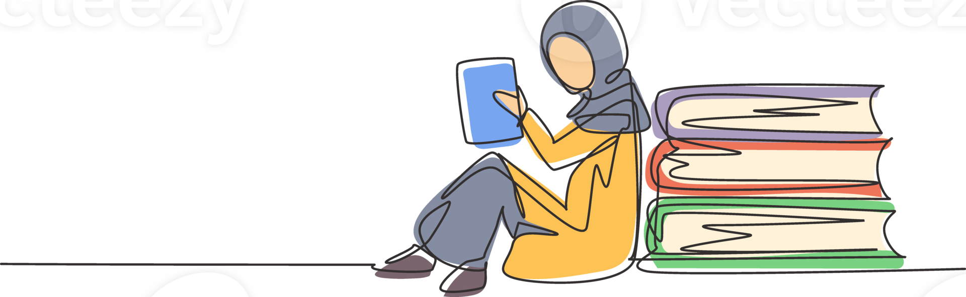Single continuous line drawing Arab little girl reading, learning and backrest on pile of big books. Study at home. Smart student, education. Dynamic one line draw graphic design illustration png
