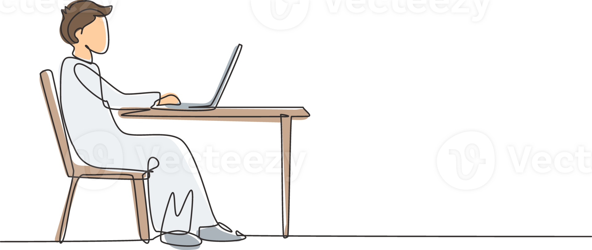 Single one line drawing Arabian boy with laptop sitting on chair around desk. Distance learning, online courses, and studying concept. Modern continuous line draw design graphic illustration png