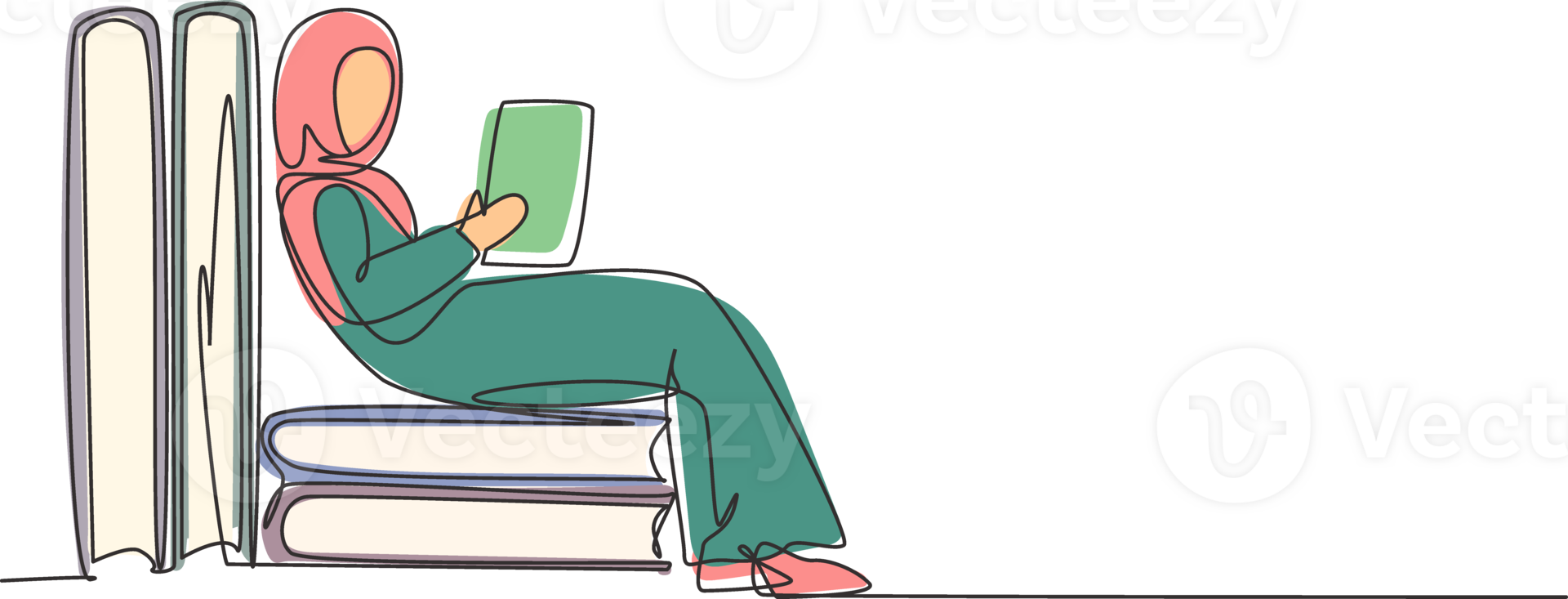 Continuous one line drawing young Arab woman reading, learning, sitting and backrest on pile of big books. Study at home. Smart student, education. Single line draw design graphic illustration png