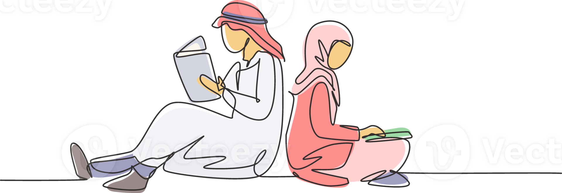Single one line drawing Arabian students woman and man reading, learning and sitting lean on each other. Study in library. Literature lovers. Continuous line draw design graphic illustration png