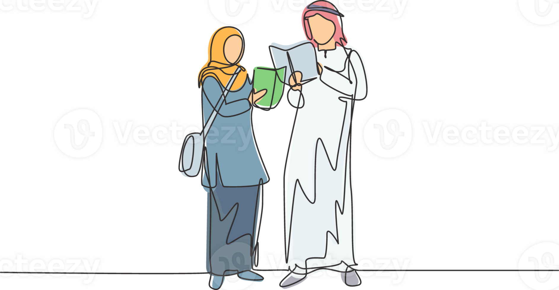 Single continuous line drawing Arabian students woman and man reading, learning and standing at library. Literature lovers, education concept. Dynamic one line draw graphic design illustration png
