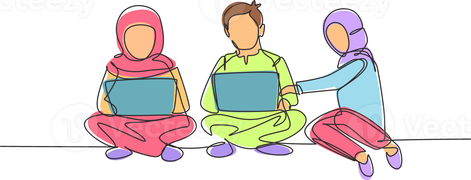 Single continuous line drawing three Arabian students studying with laptop and sitting on the floor together. Back to school, online education concept. One line draw graphic design illustration png
