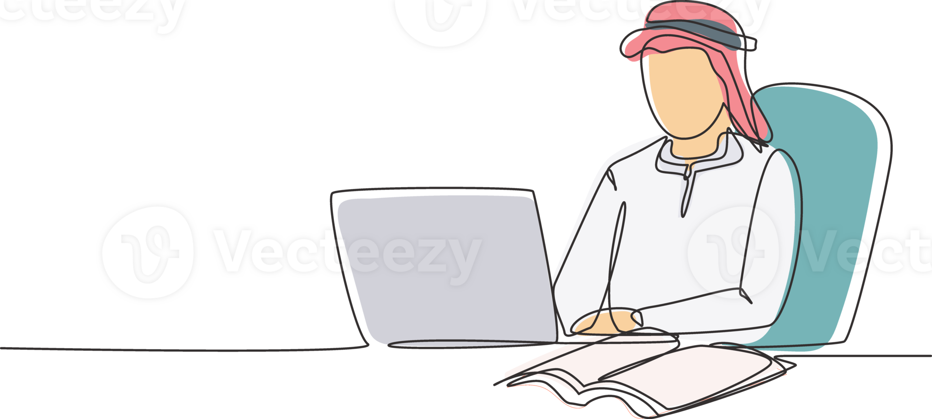 Single one line drawing Arabian man studying with laptop and open book. Back to school, intelligent student, online education concept. Modern continuous line draw design graphic illustration png