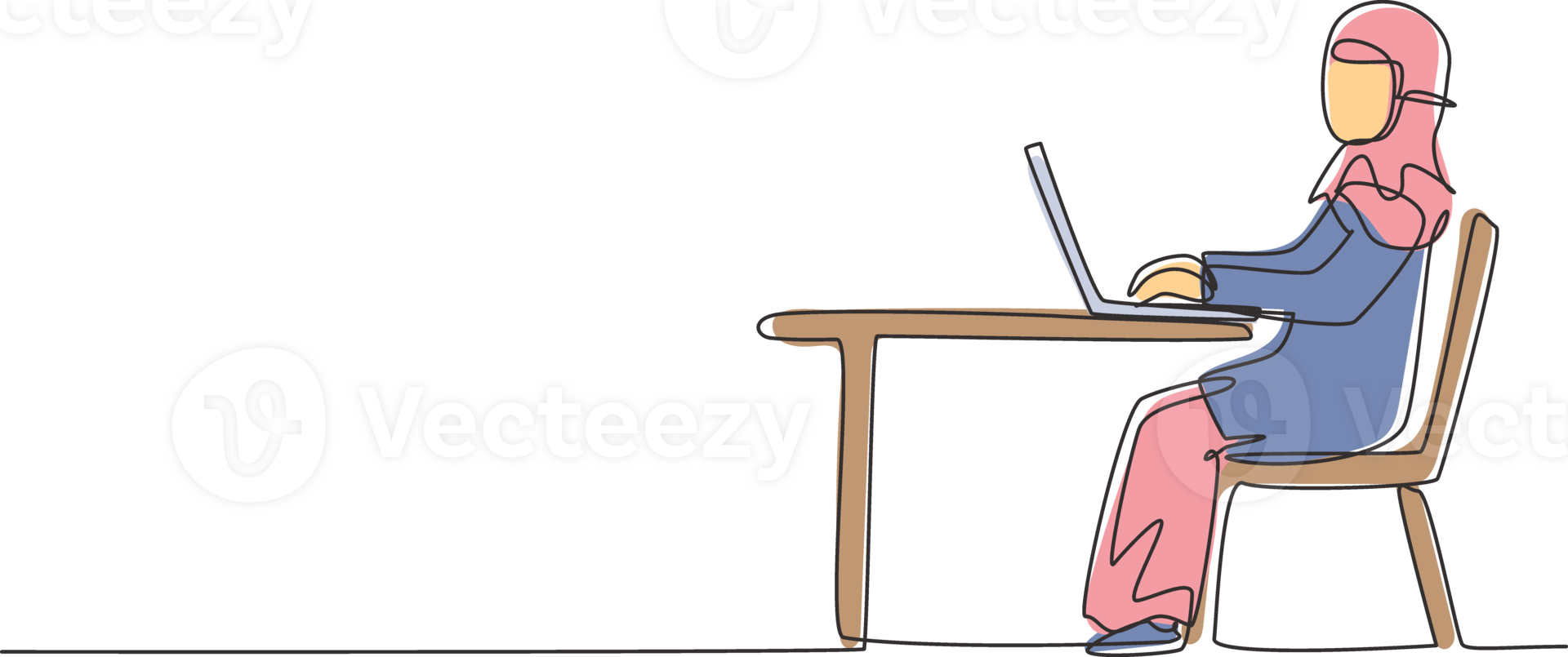 Single one line drawing Arabian girl with laptop sitting on chair around desk. Distance learning, online courses, and studying concept. Modern continuous line draw design graphic illustration png