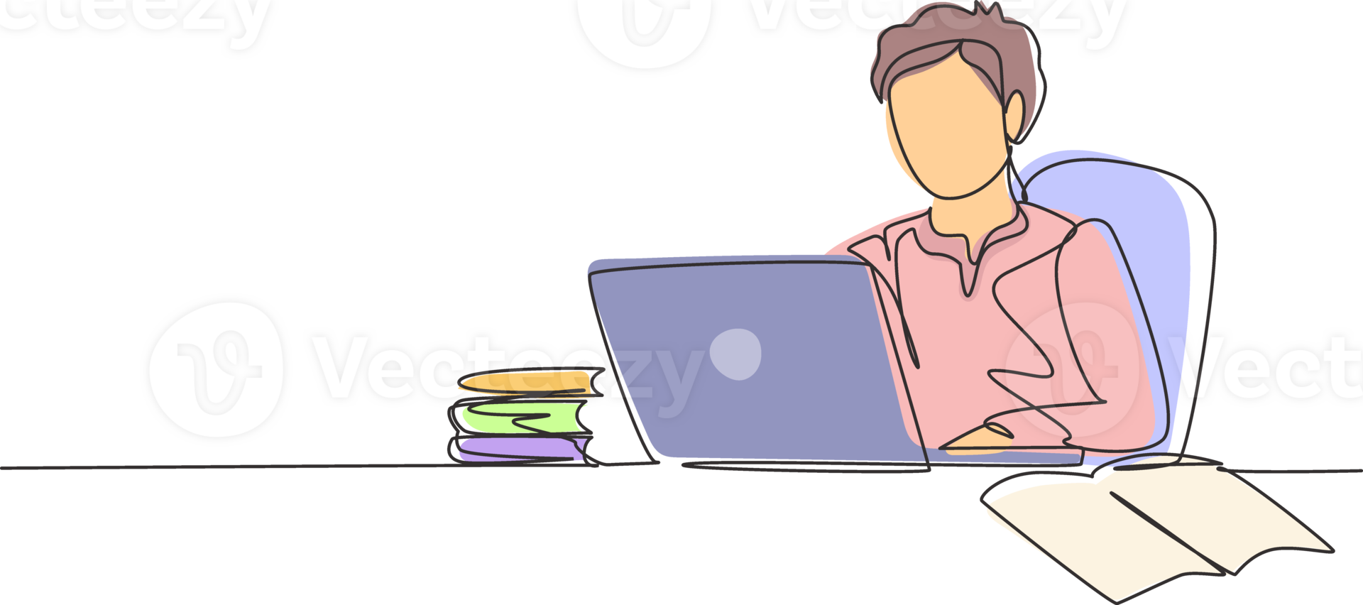 Continuous one line drawing young Arabian boy studying with laptop and pile of books. Back to school, intelligent student, online education concept. Single line draw design graphic illustration png