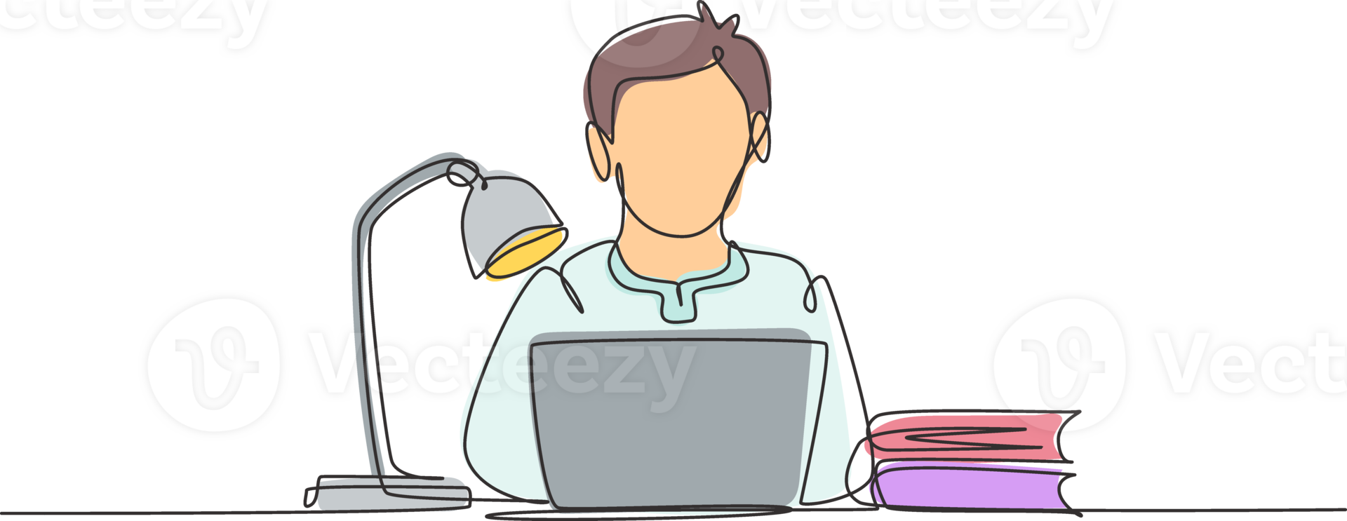 Single one line drawing Arabian boy studying with laptop and study lamp sitting on chair around desk. Back to school, online education concept. Continuous line draw design graphic illustration png