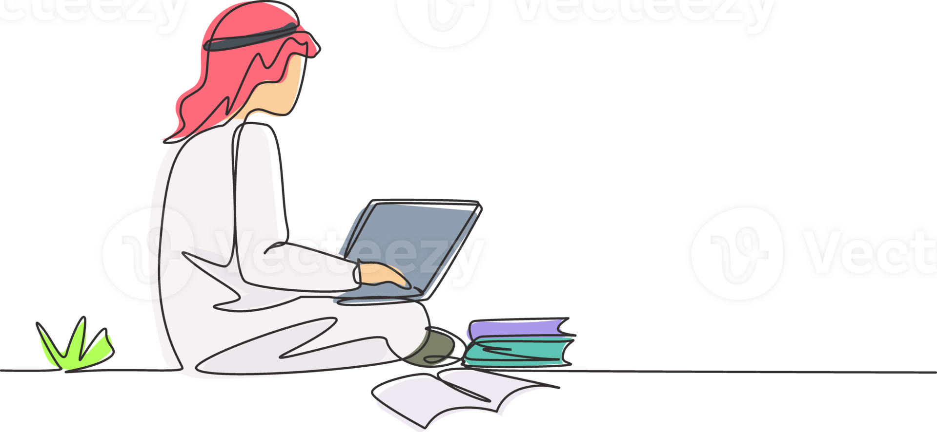 Continuous one line drawing Arabian male students studying with laptop, pile of books and sitting at the park. Back to school, online education. Single line draw design graphic illustration png