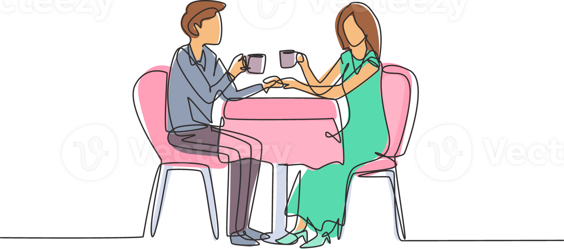 Single continuous line drawing young couple face to face having a romantic dinner, both holding cups. Celebrating wedding anniversary at restaurant. One line draw graphic design illustration png