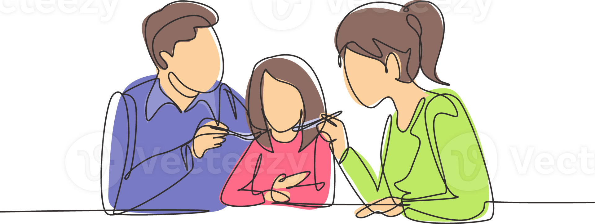 Continuous one line drawing young family having fun together in restaurant. Parents feeds they daughter with love. Happy little family concept. Single line draw design graphic illustration png