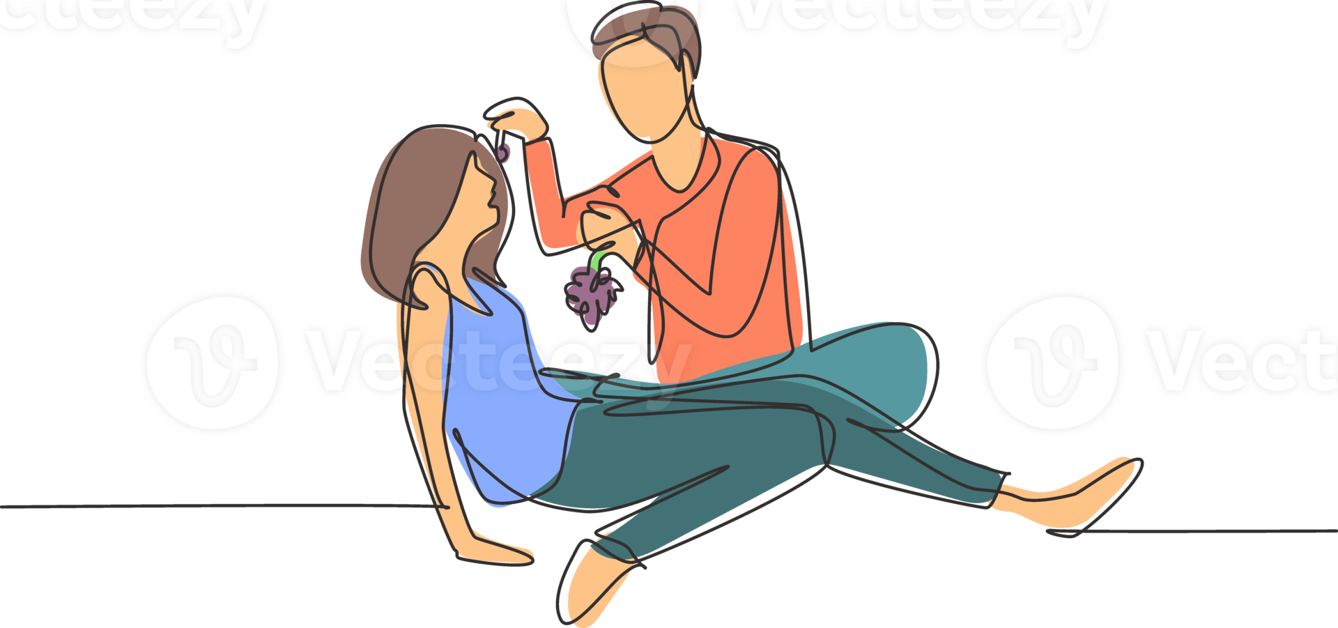 Continuous one line drawing romantic couple having picnic in summer park. Relaxing together sitting on the ground and men feeding grapes to women. Single line draw design graphic illustration png