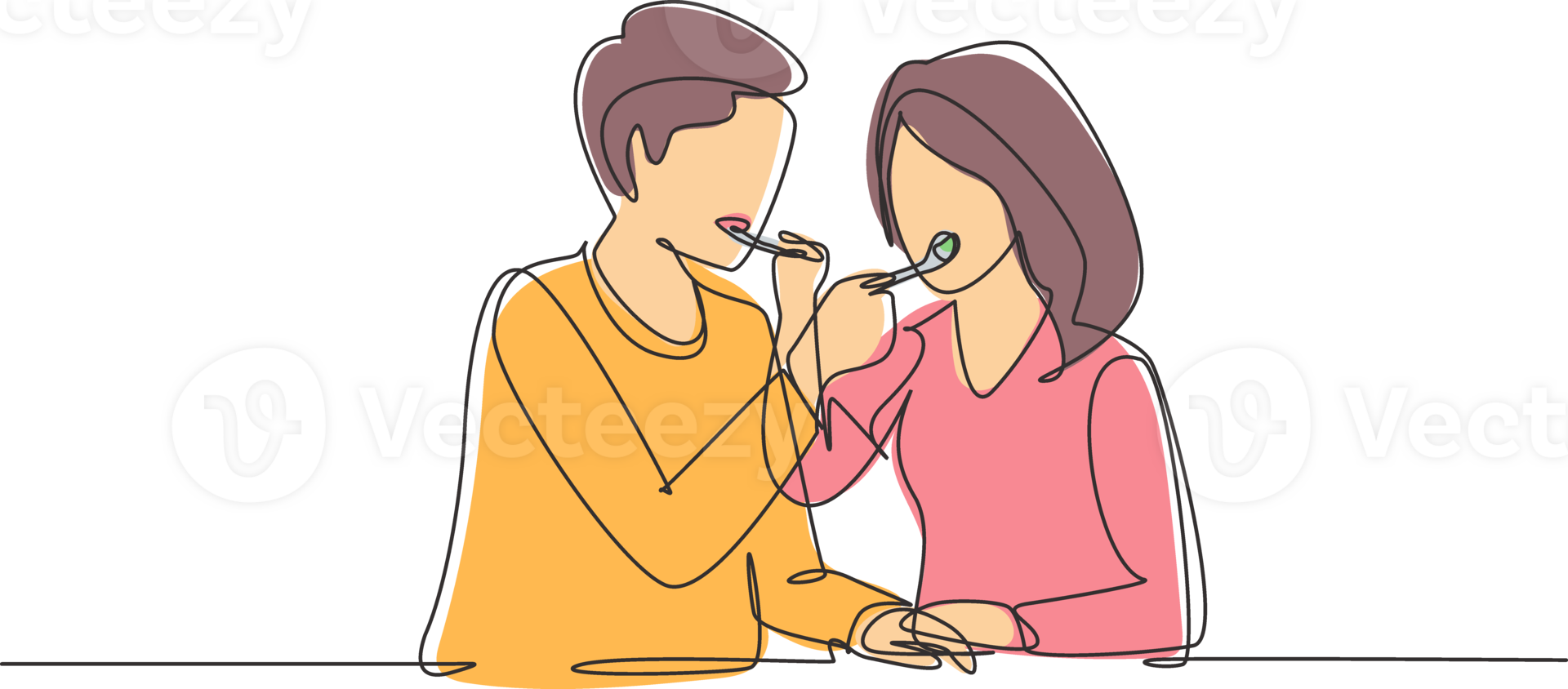 Single continuous line drawing romantic couple feeding each other. Having fun dinner together at luxury restaurant. Celebrate wedding anniversaries. One line draw graphic design illustration png