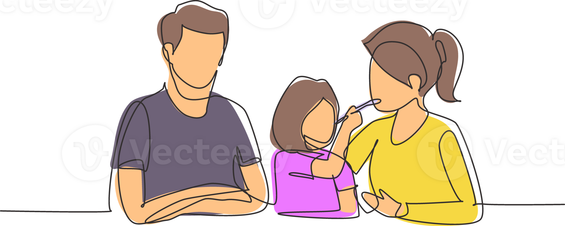 Single continuous line drawing young family having fun together in modern restaurant. Daughter feeds her mother with love. Happy little family concept. One line draw graphic design illustration png