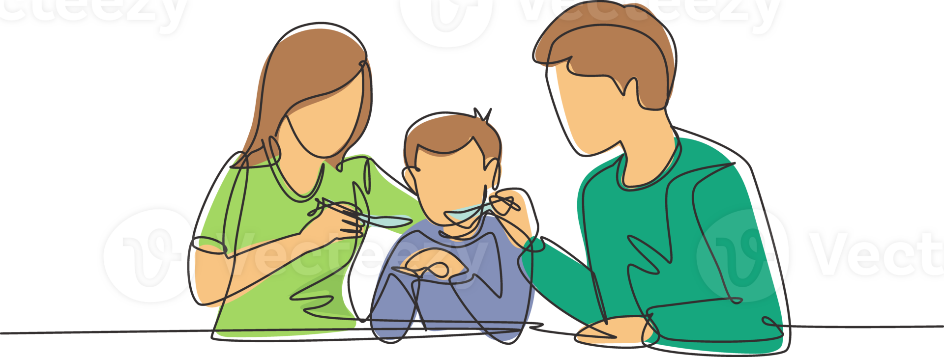 Single one line drawing young family having fun together in restaurant. Parents feeds they boy with love. Happy little family concept. Modern continuous line draw design graphic illustration png